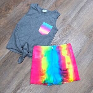 Sparkle in Pink Gray Tank & Rainbow Denim Short Set